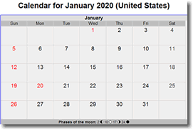 Calendar for January 2020