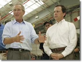 George W Bush with (inexperienced) FEMA director Michael 'Brownie' Brown during Hurricane Katrina in New Orleans, August 2005